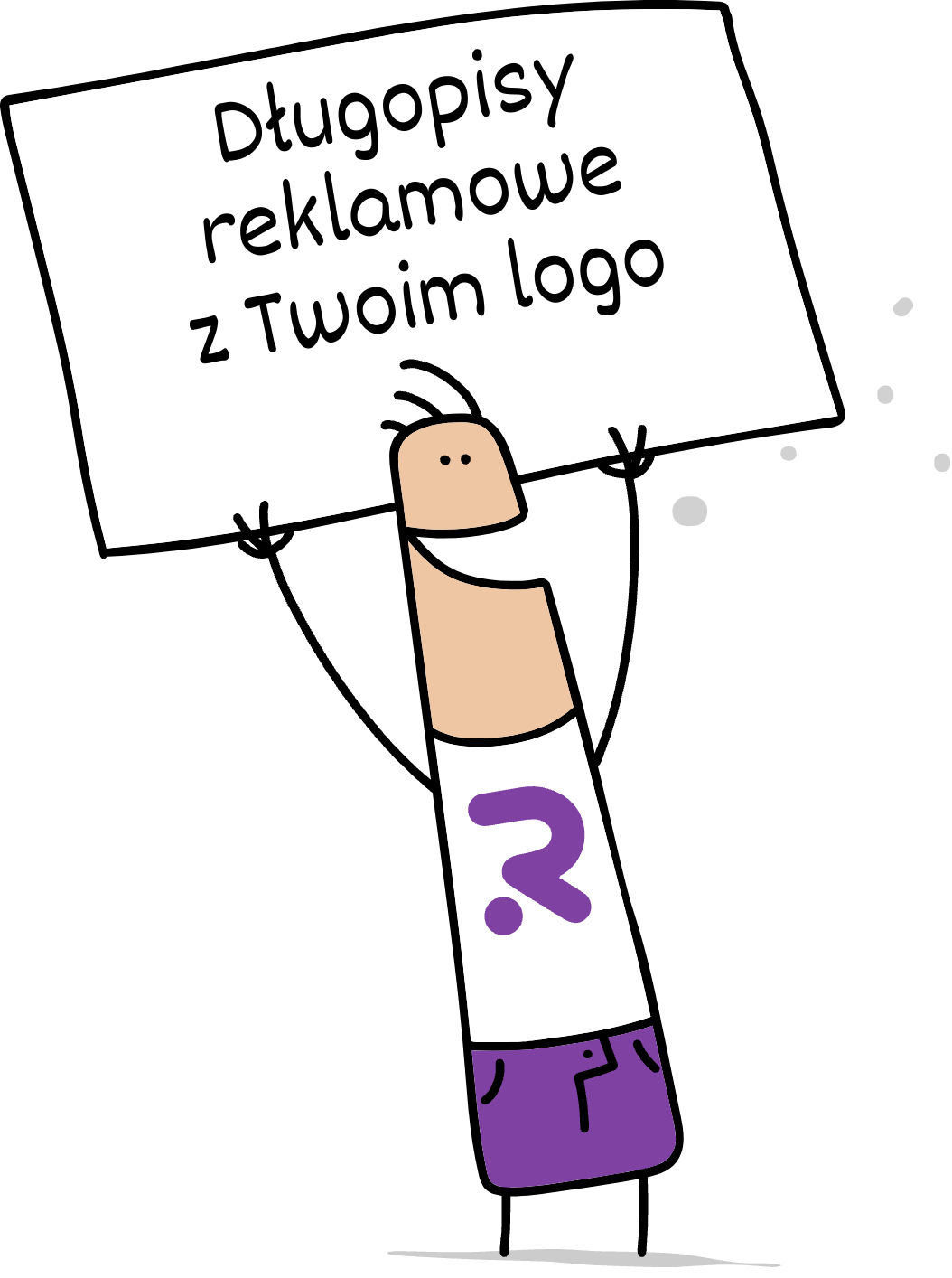 Buddy trzymający napis dlugopisy reklamowe z Twoim logo